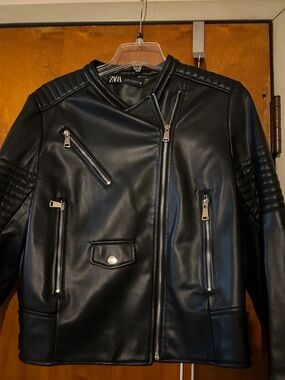 Zara Black Faux Leather Moto Jacket - Men's